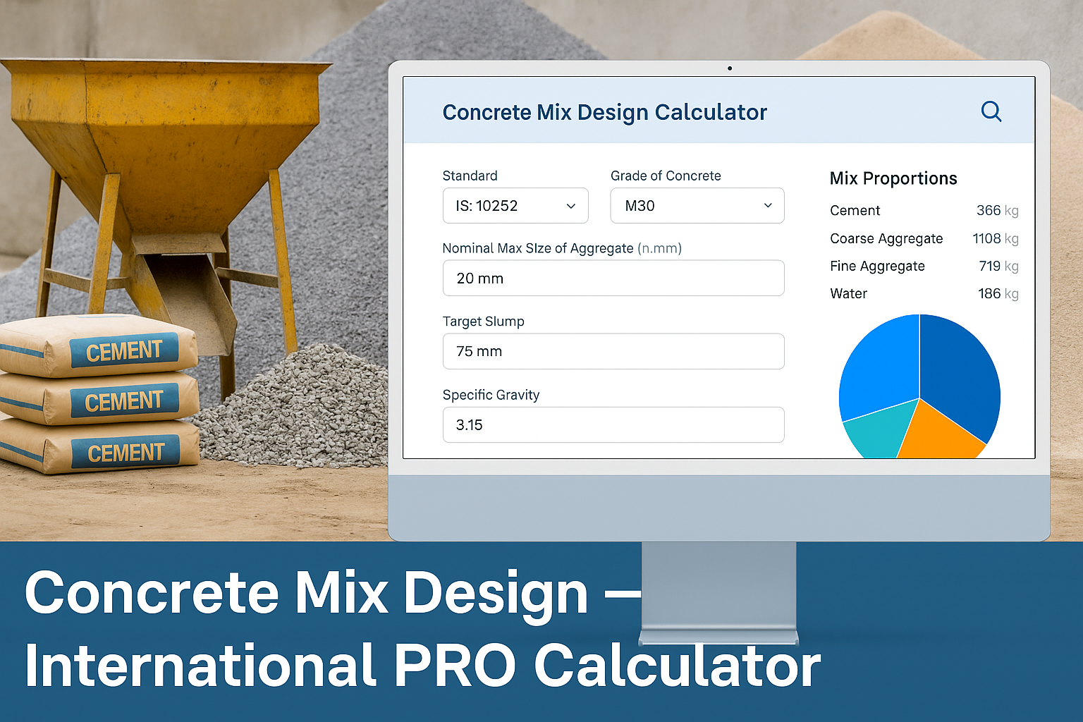 Concrete batching setup with International PRO calculator overlay
